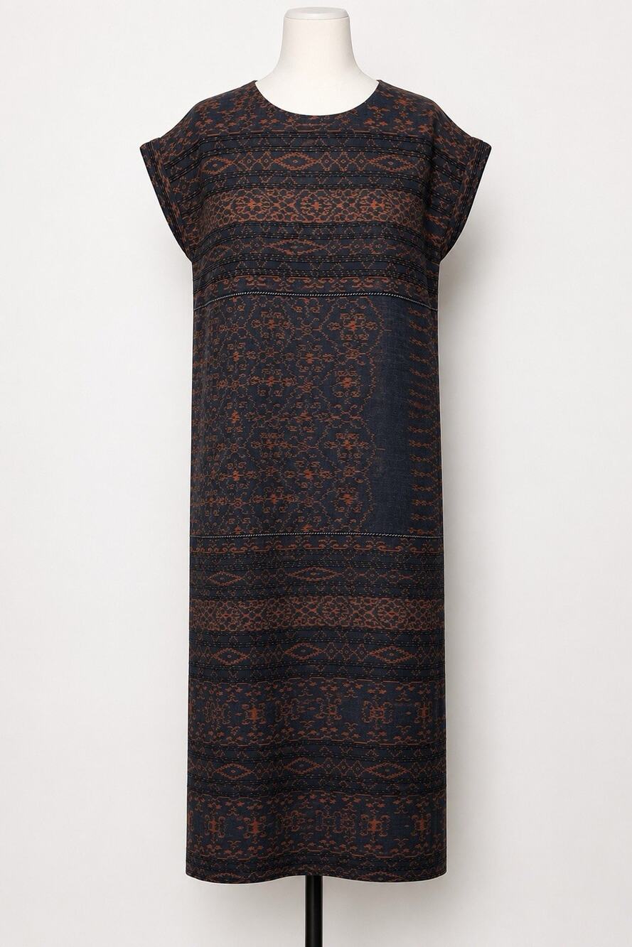 We Be Bop Textured Cotton Shift Midi Dress Black Brown Tribal Print Cap Sleeve
